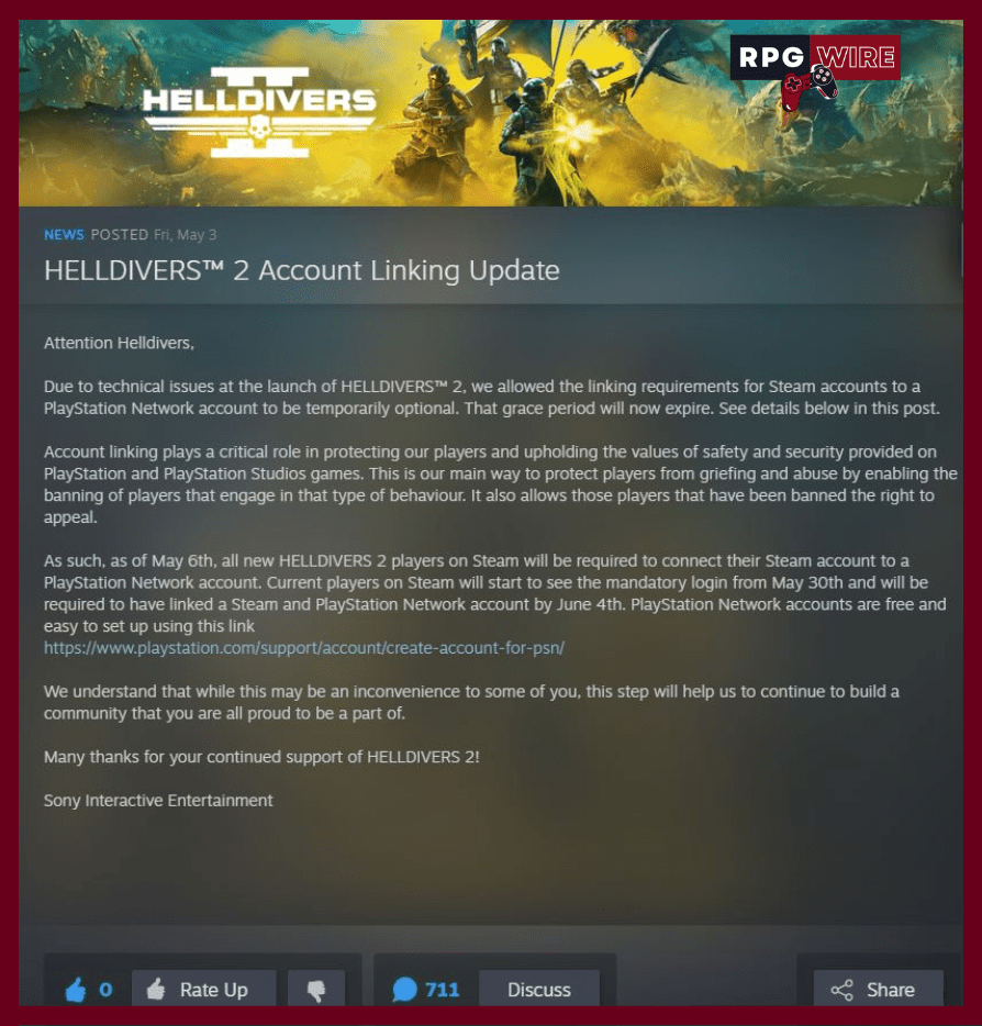 Helldivers 2 PSN account linking update